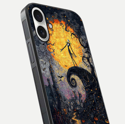 Pumpkin Moon Night Glass Case for iPhone 17 close-up angled shot showing moon reflection and Halloween glow