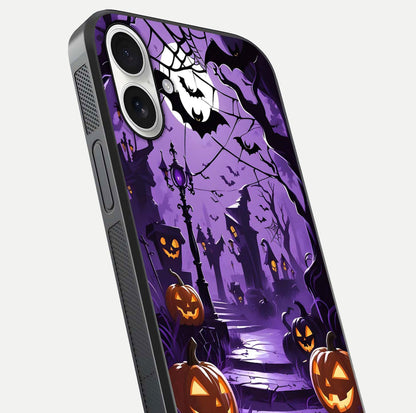 Pumpkin Patch Halloween Glass Case for iPhone 17 close-up angled shot highlighting pumpkin texture and shine