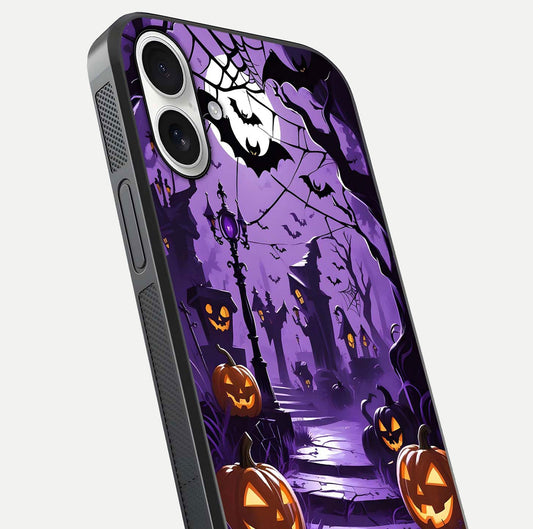 Pumpkin Patch Halloween Glass Case for iPhone 17 close-up angled shot highlighting pumpkin texture and shine