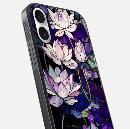 Purple Lotus Pattern Glass Case for iPhone 17 close-up angled shot showing petal texture and HD reflection