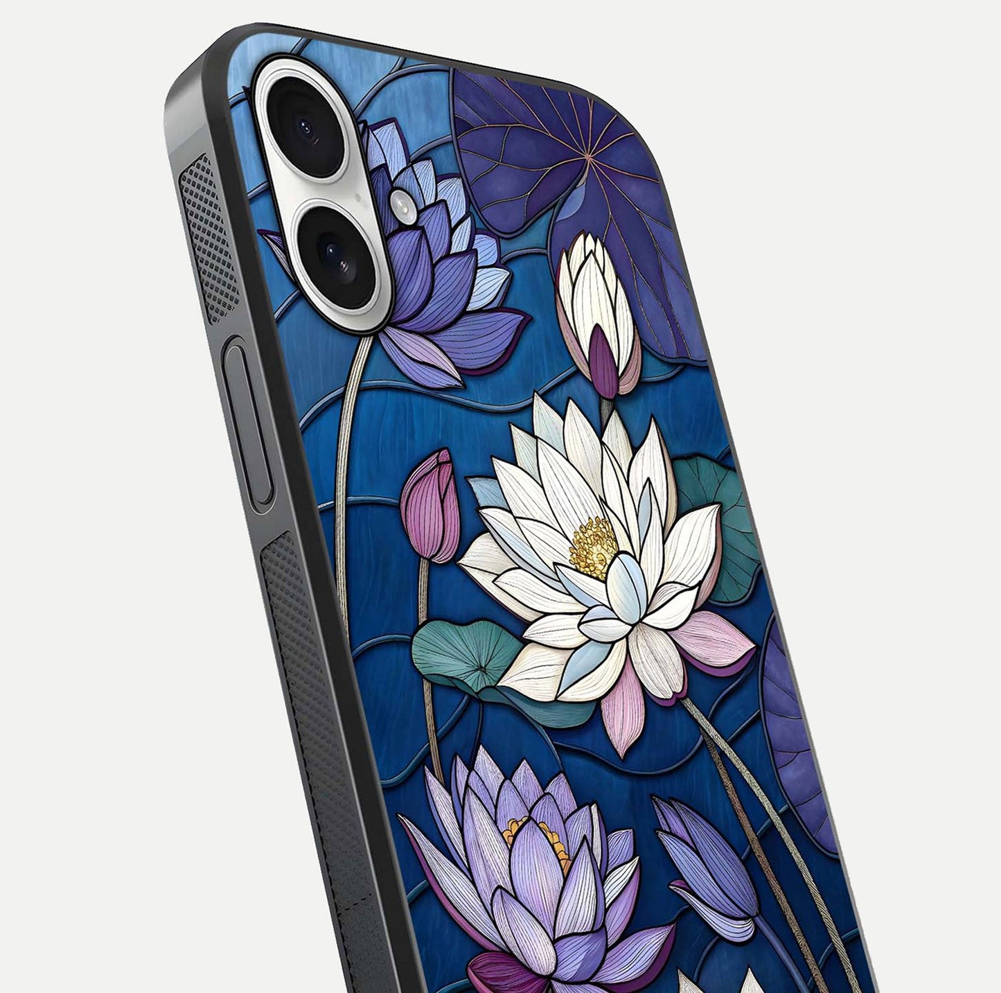 Purple Lotus Stained Glass Case for iPhone 17 close-up angled shot highlighting glass pattern and reflection