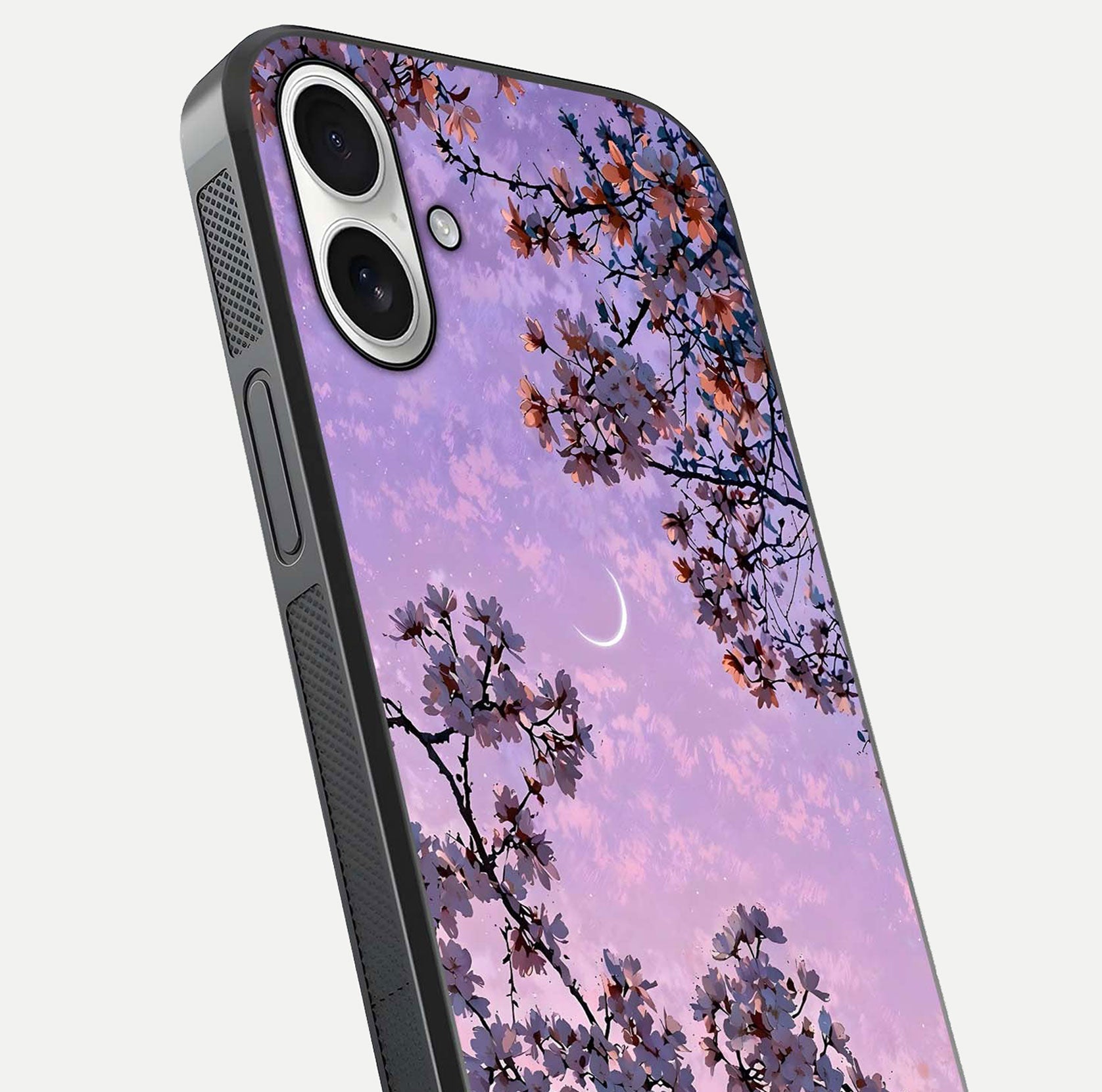 Purple Serenity Moon Glass Case for iPhone 17 close-up angled shot showing reflection and gradient purple hues