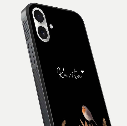 Quiet Garden Tune Custom Name Glass Case for iPhone 17 close-up angled shot showing soft tones and gloss reflection