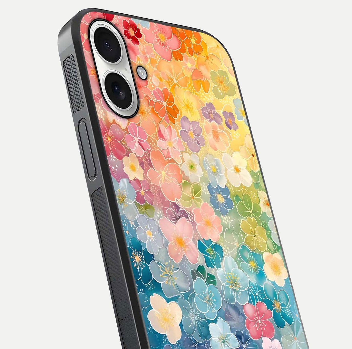 Rainbow Blossom Burst Glass Case for iPhone 17 close-up angled shot showing petal colors and reflection