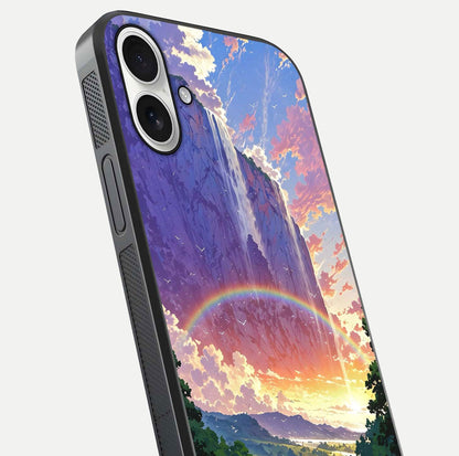 Rainbow Valley Dream Glass Case for iPhone 17 close-up angled shot highlighting gradient tones and HD shine