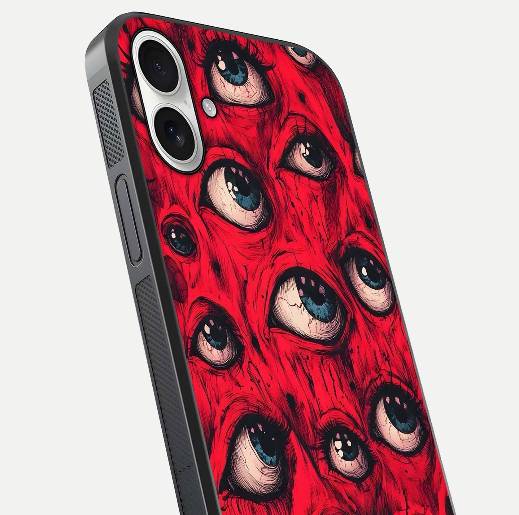 Red Eyes Pattern Glass Case for iPhone 17 close-up angled shot highlighting vivid contrast and HD shine
