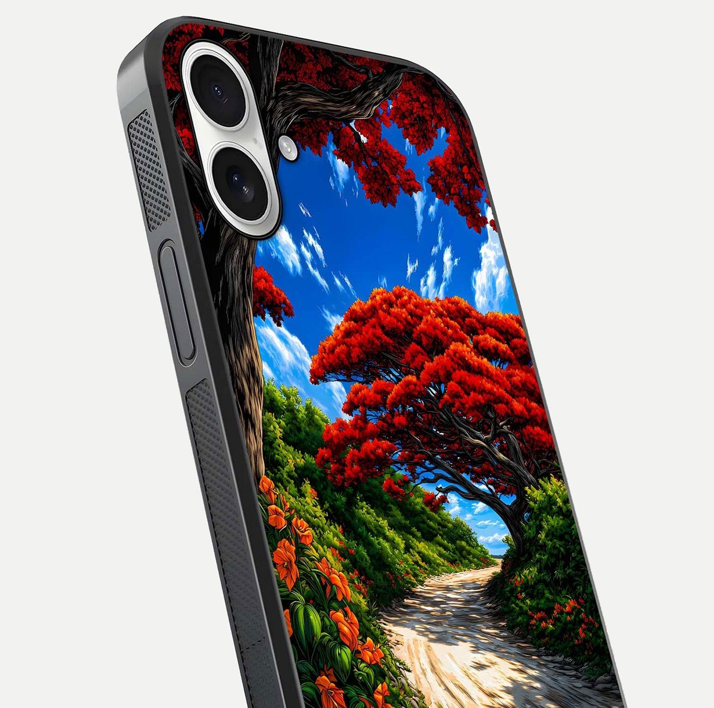 Red Trees Pathway Glass Case for iPhone 17 close-up angled shot highlighting forest detail and reflection