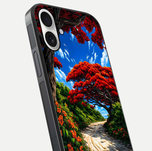 Red Trees Pathway Glass Case for iPhone 17 close-up angled shot highlighting forest detail and reflection