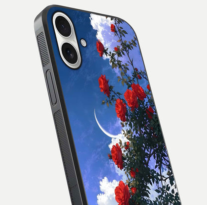 Rose Drift Flowers Glass Case for iPhone 17 close-up angled shot highlighting floral texture and reflection