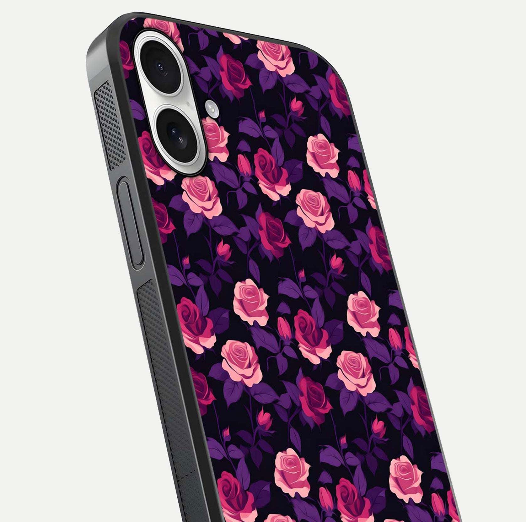 Rose Garden Twilight Glass Case for iPhone 17 close-up angled shot highlighting rose contrast and reflection