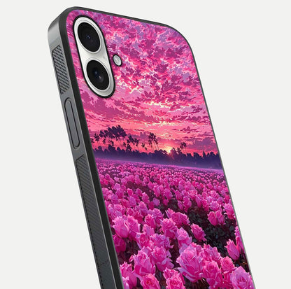 Rose Sunset Valley Glass Case for iPhone 17 close-up angled shot showing rose detailing and golden hues