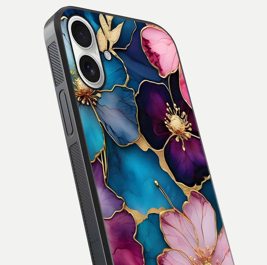 Sparkle Floral Glass Case for iPhone 17 close-up angled shot highlighting shimmer details and reflection