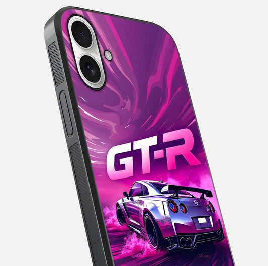 Speed Drift Legend Glass Case for iPhone 17 close-up angled shot highlighting speed lines and reflection