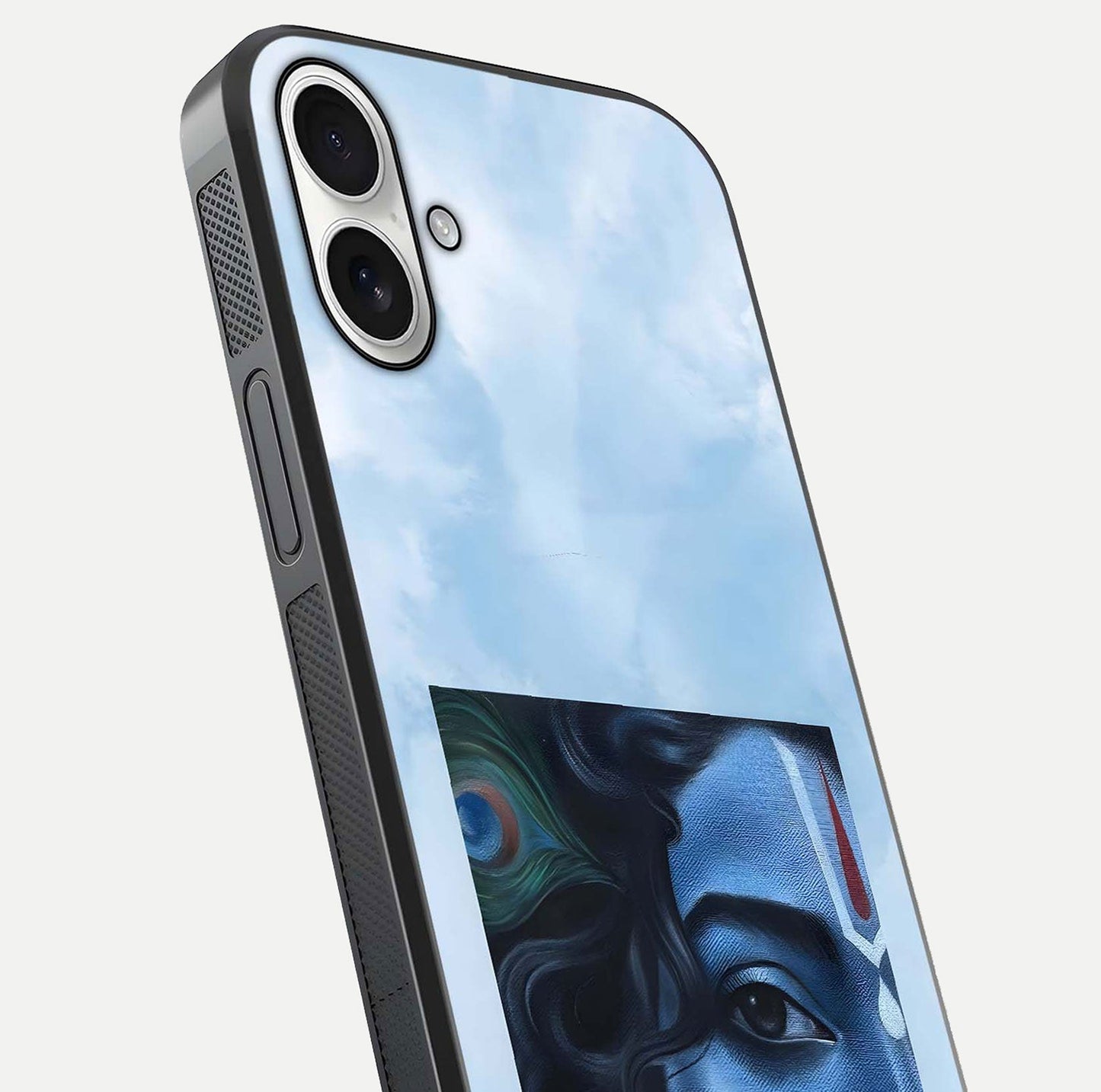 Spiritual Krishna Glass Case for iPhone 17 close-up angled shot showing HD print, color tone, and reflection