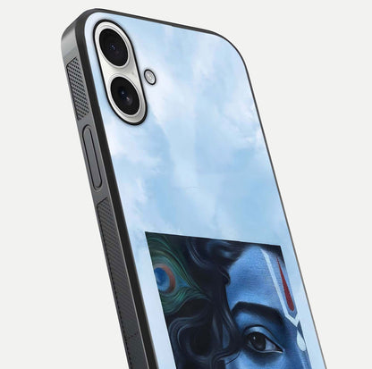 Spiritual Krishna Glass Case for iPhone 17 close-up angled shot showing HD print, color tone, and reflection