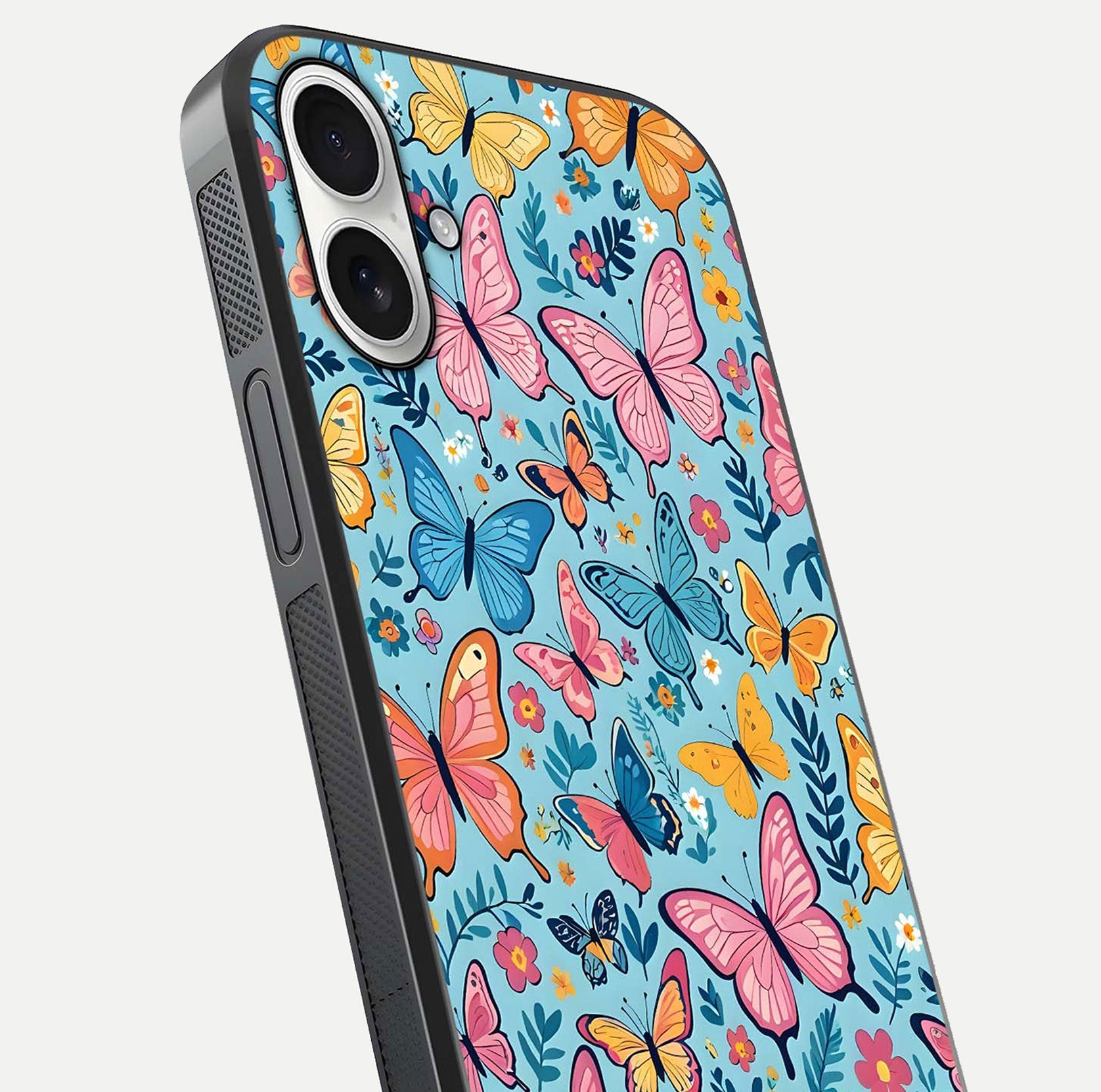 Spring Wing Garden Glass Case for iPhone 17 close-up angled shot highlighting petal details and reflection