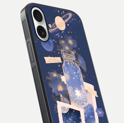 Starlit Cosmic Jar Glass Case for iPhone 17 close-up angled shot highlighting stars, reflections, and HD shine