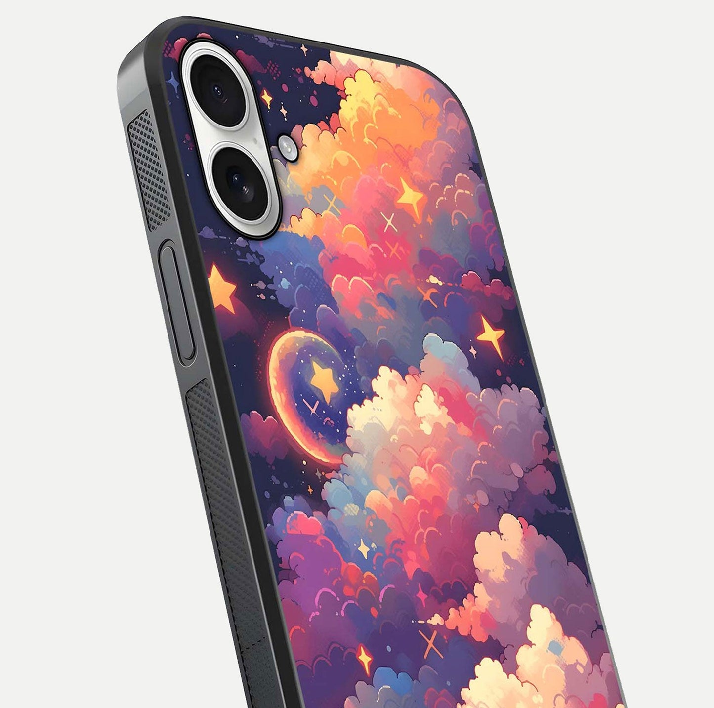 Starlit Dream Clouds Glass Case for iPhone 17 close-up angled shot highlighting cloud texture and reflection