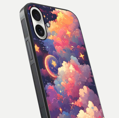 Starlit Dream Clouds Glass Case for iPhone 17 close-up angled shot highlighting cloud texture and reflection