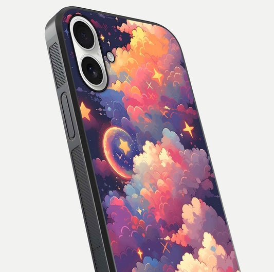 Starlit Dream Clouds Glass Case for iPhone 17 close-up angled shot highlighting cloud texture and reflection