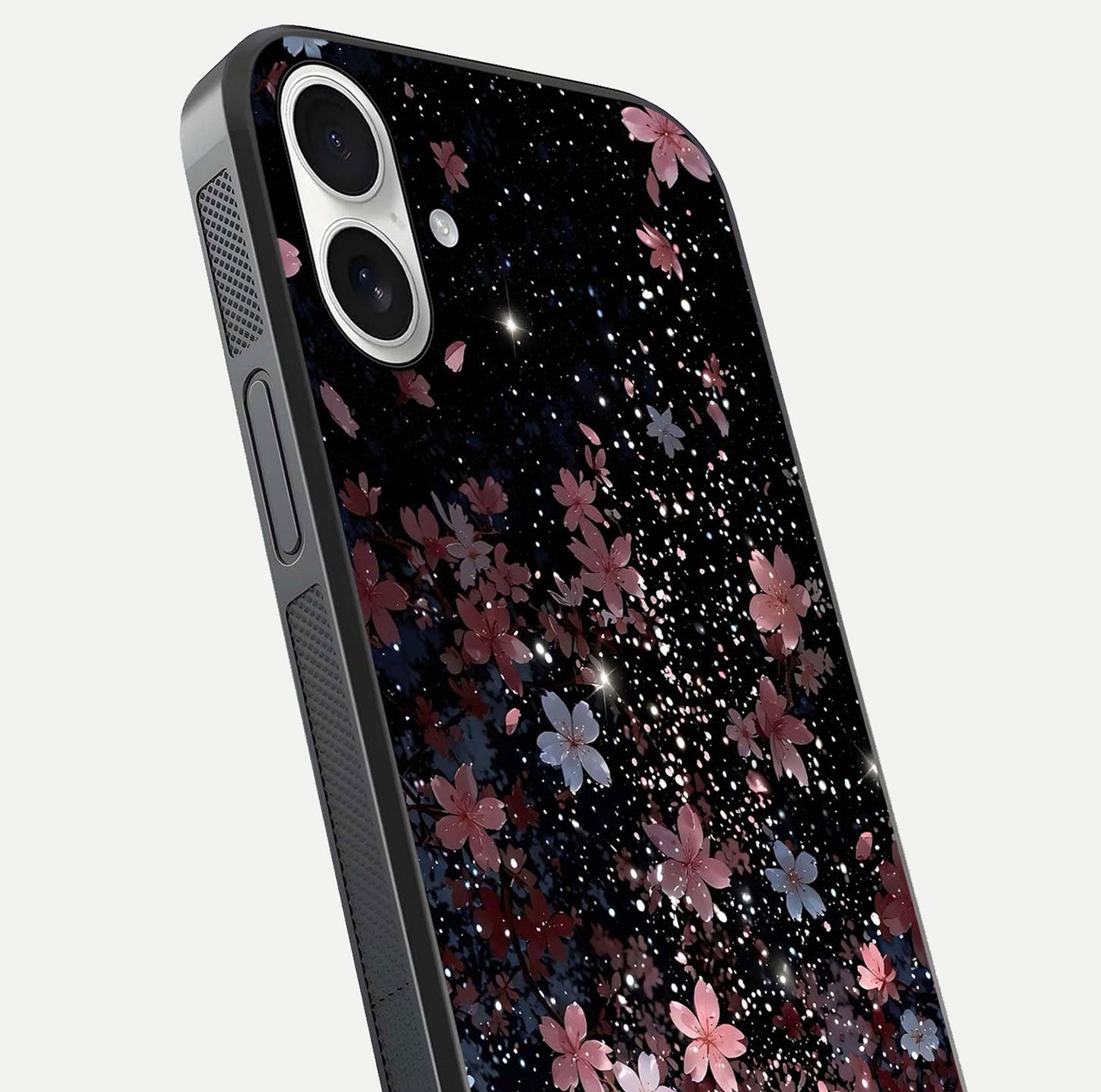 Starlit Flower Dreams Glass Case for iPhone 17 close-up angled shot highlighting petal reflection and HD depth