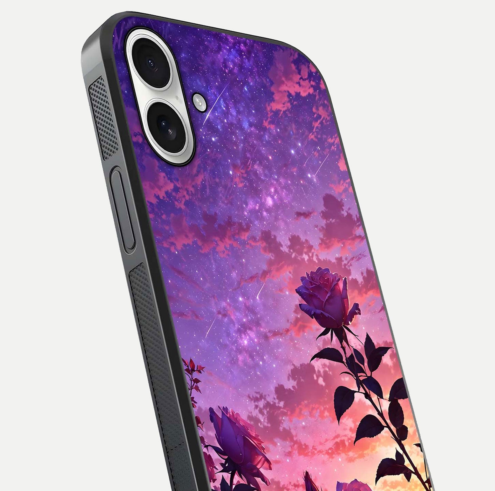 Starlit Rose Twilight Glass Case for iPhone 17 close-up angled shot highlighting rose detail and reflection