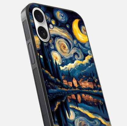 Starry Sky Serenity Glass Case for iPhone 17 close-up angled shot highlighting light reflection and blue hues
