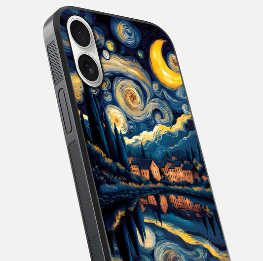 Starry Sky Serenity Glass Case for iPhone 17 close-up angled shot highlighting light reflection and blue hues