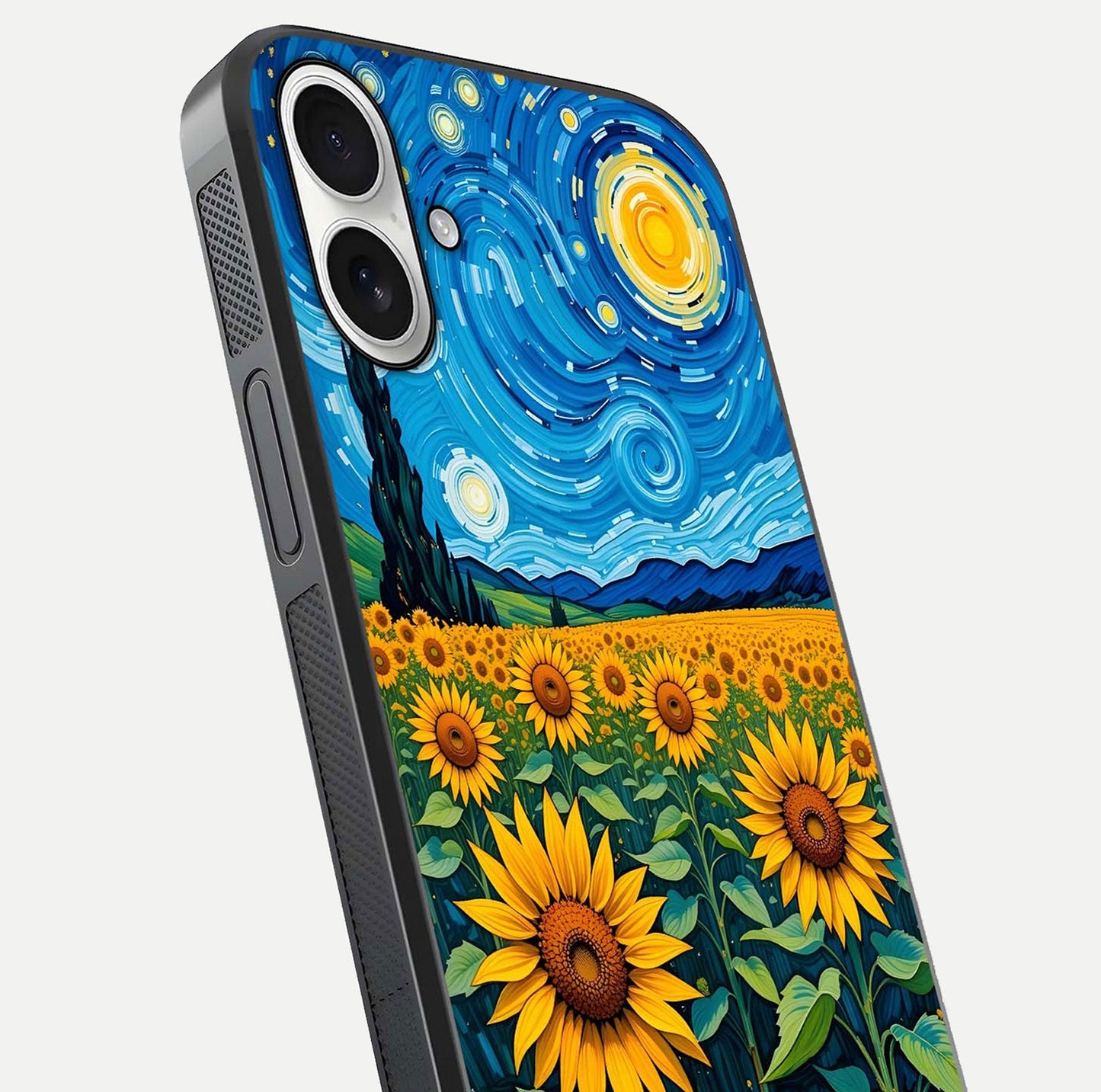 Starry Sunflower Dreams Glass Case for iPhone 17 close-up angled shot highlighting petal texture and gloss