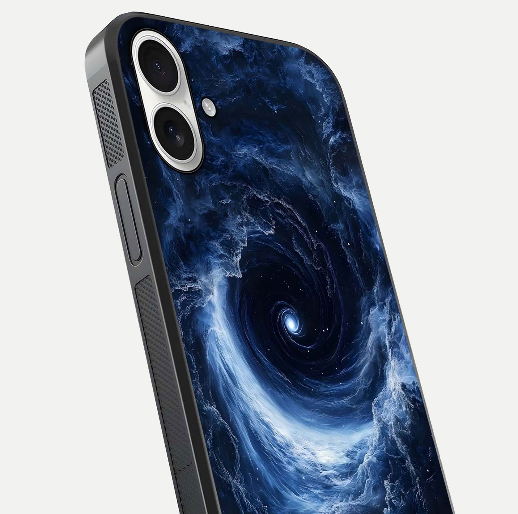 Stunning Galaxy Glass Case for iPhone 17 close-up angled shot highlighting nebula tones and HD reflection