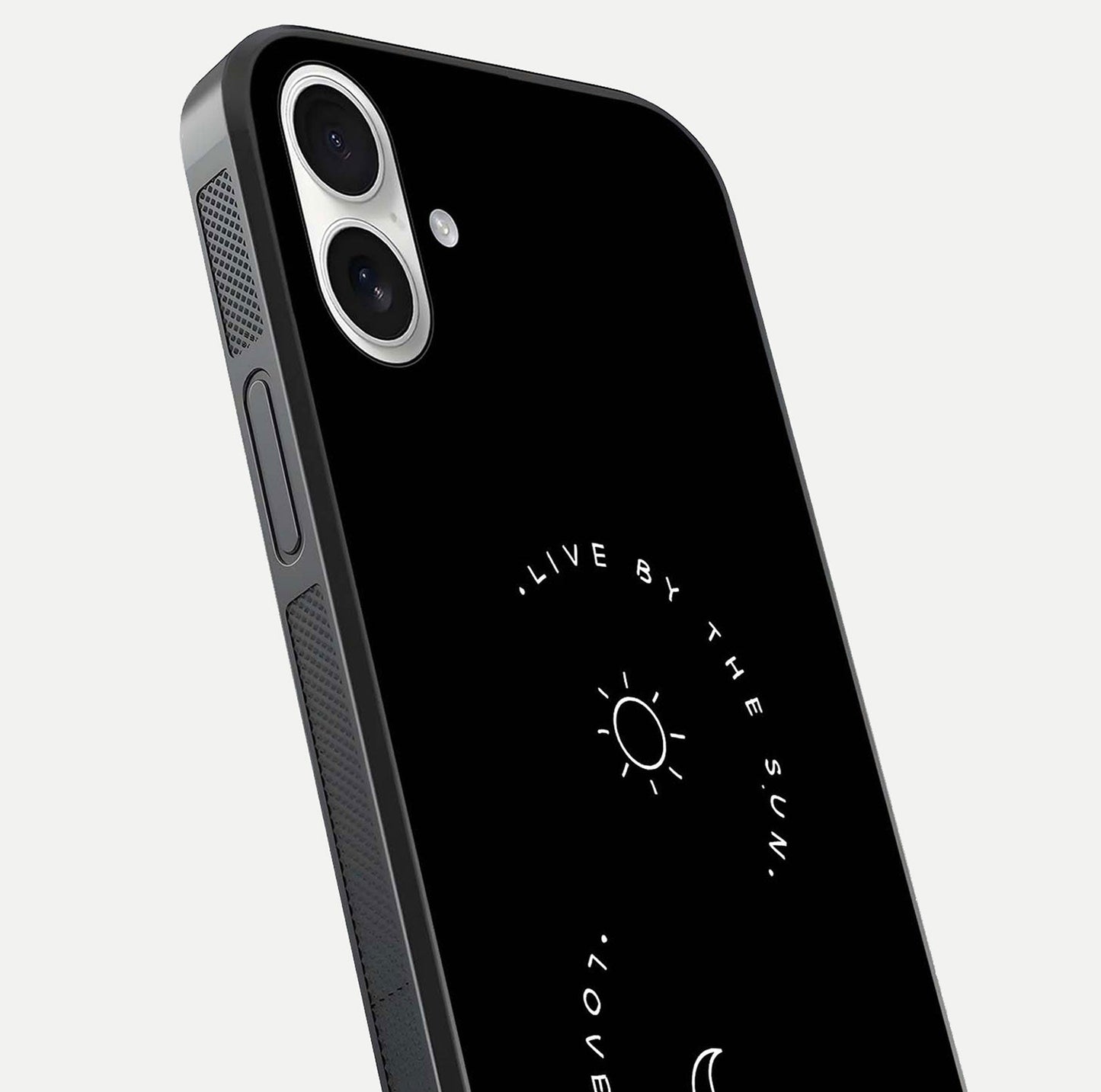 Sun Moon Balance Glass Case for iPhone 17 close-up angled shot highlighting cosmic art and HD reflection