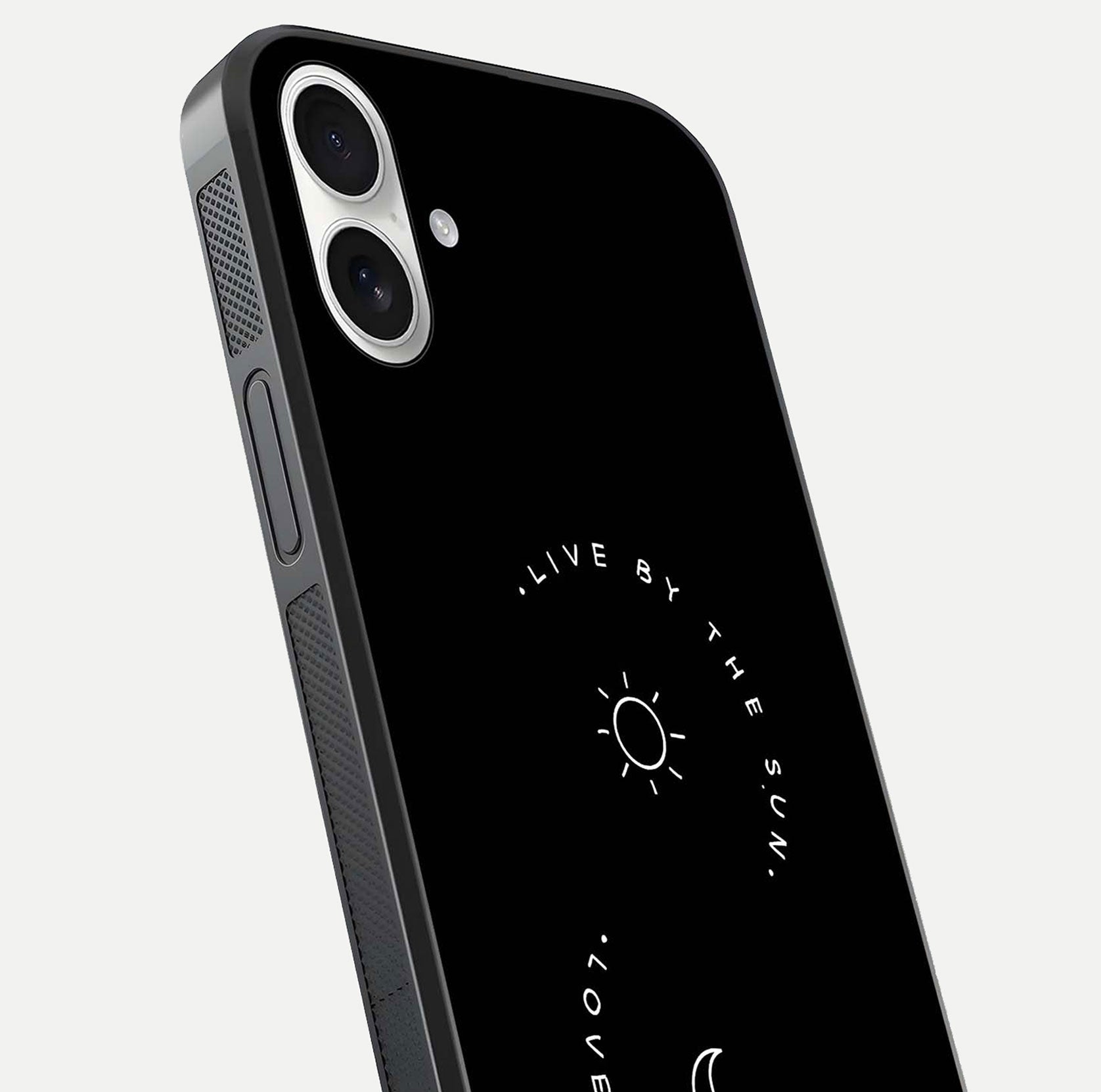 Sun Moon Balance Glass Case for iPhone 17 close-up angled shot highlighting cosmic art and HD reflection