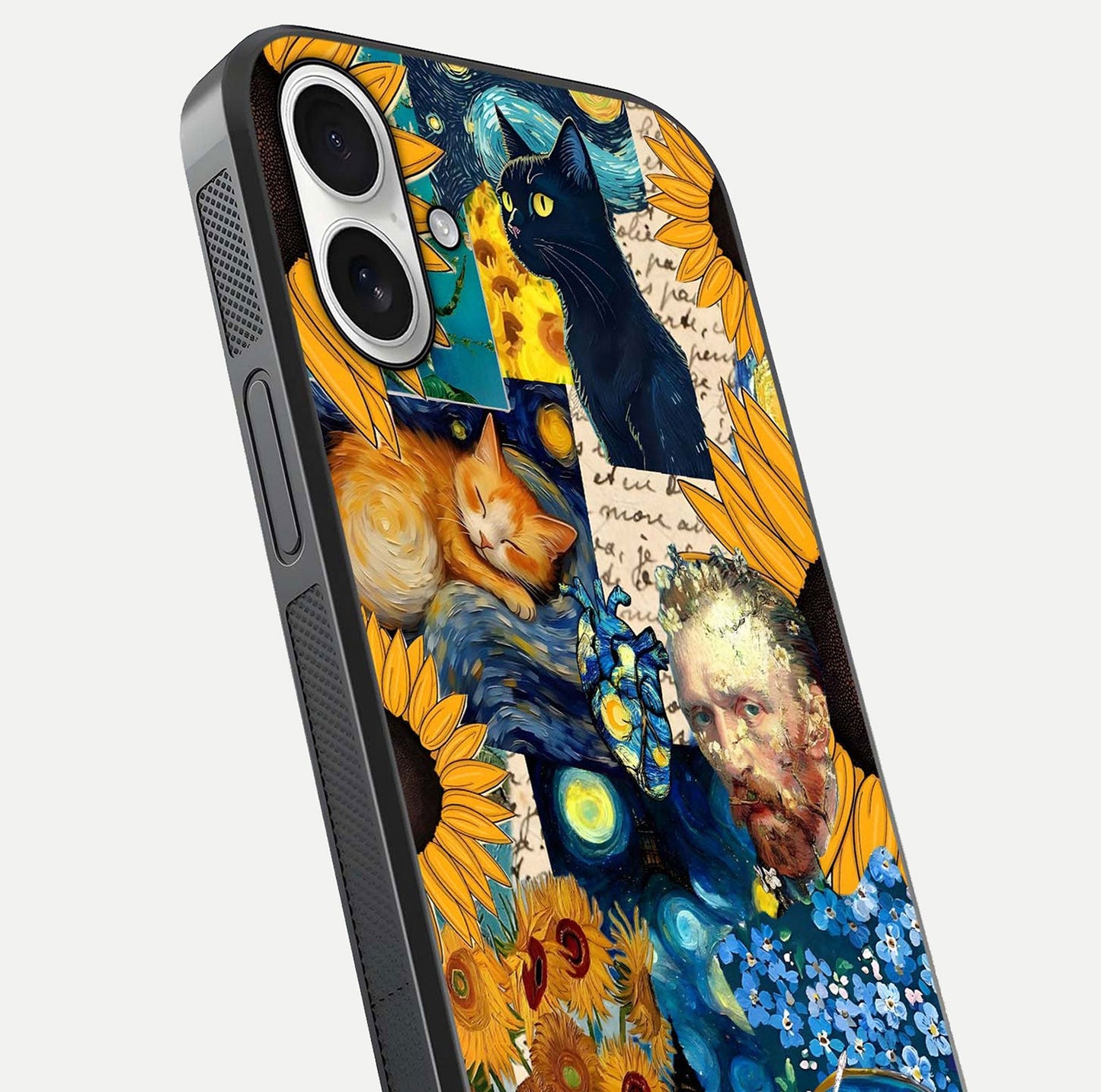 Sunflower Cat Art Glass Case for iPhone 17 close-up angled shot highlighting yellow tones and art reflection