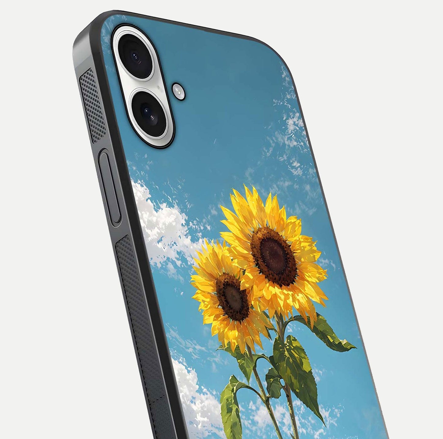 Sunflower Sky Bloom Glass Case for iPhone 17 close-up angled shot highlighting petal details and reflection