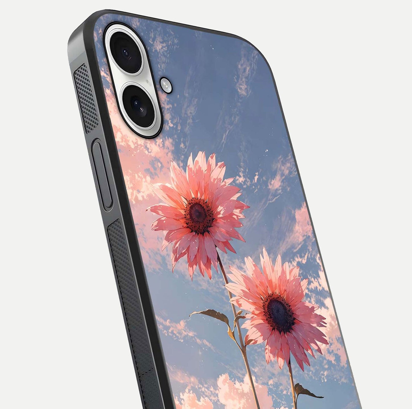 Sunlit Daisy Glow Glass Case for iPhone 17 close-up angled shot highlighting petal texture and reflection