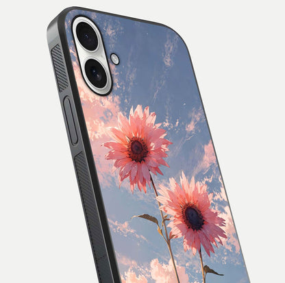 Sunlit Daisy Glow Glass Case for iPhone 17 close-up angled shot highlighting petal texture and reflection