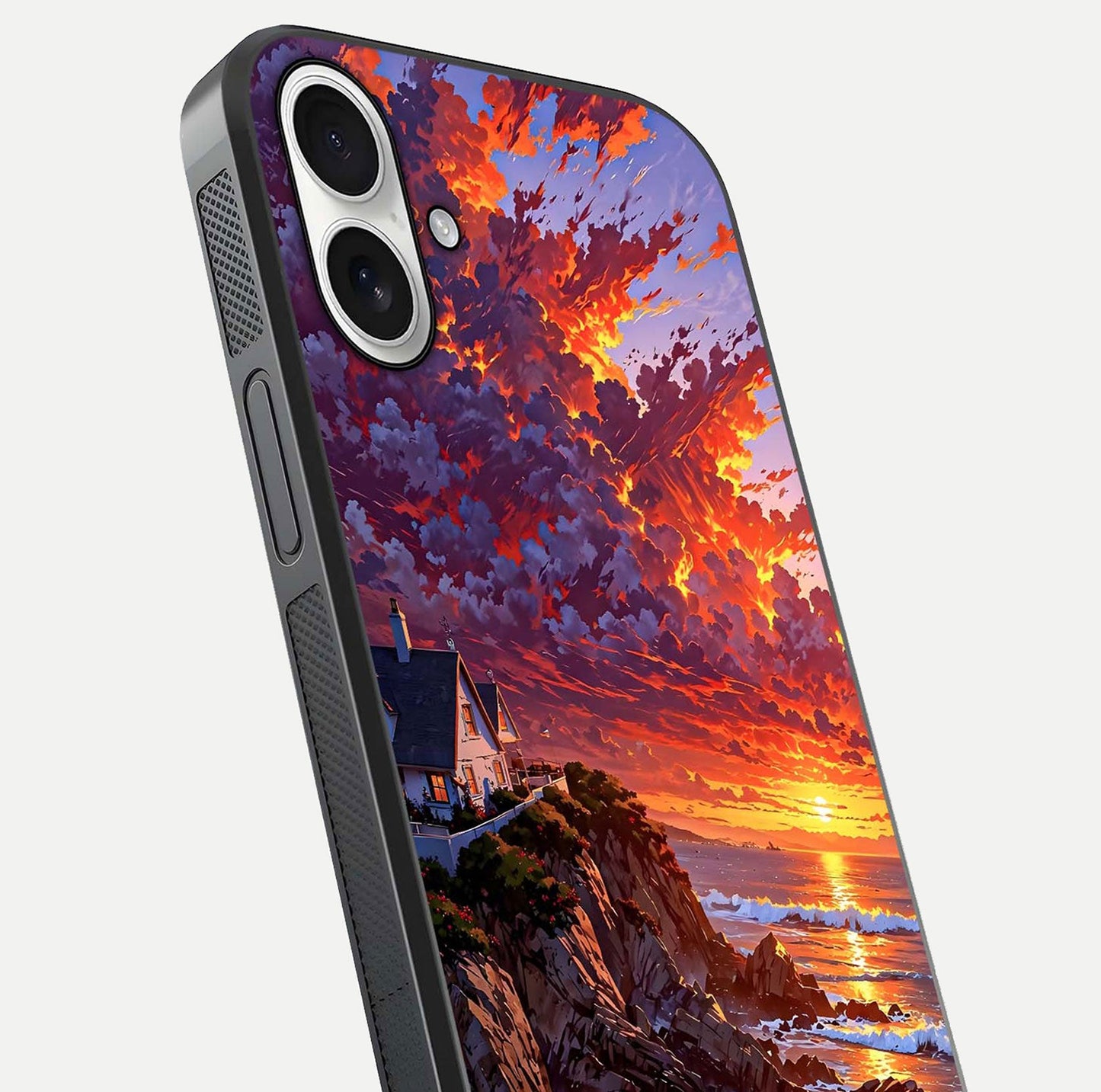 Sunset House by Sea Glass Case for iPhone 17 close-up angled shot highlighting sunset tones and water glow