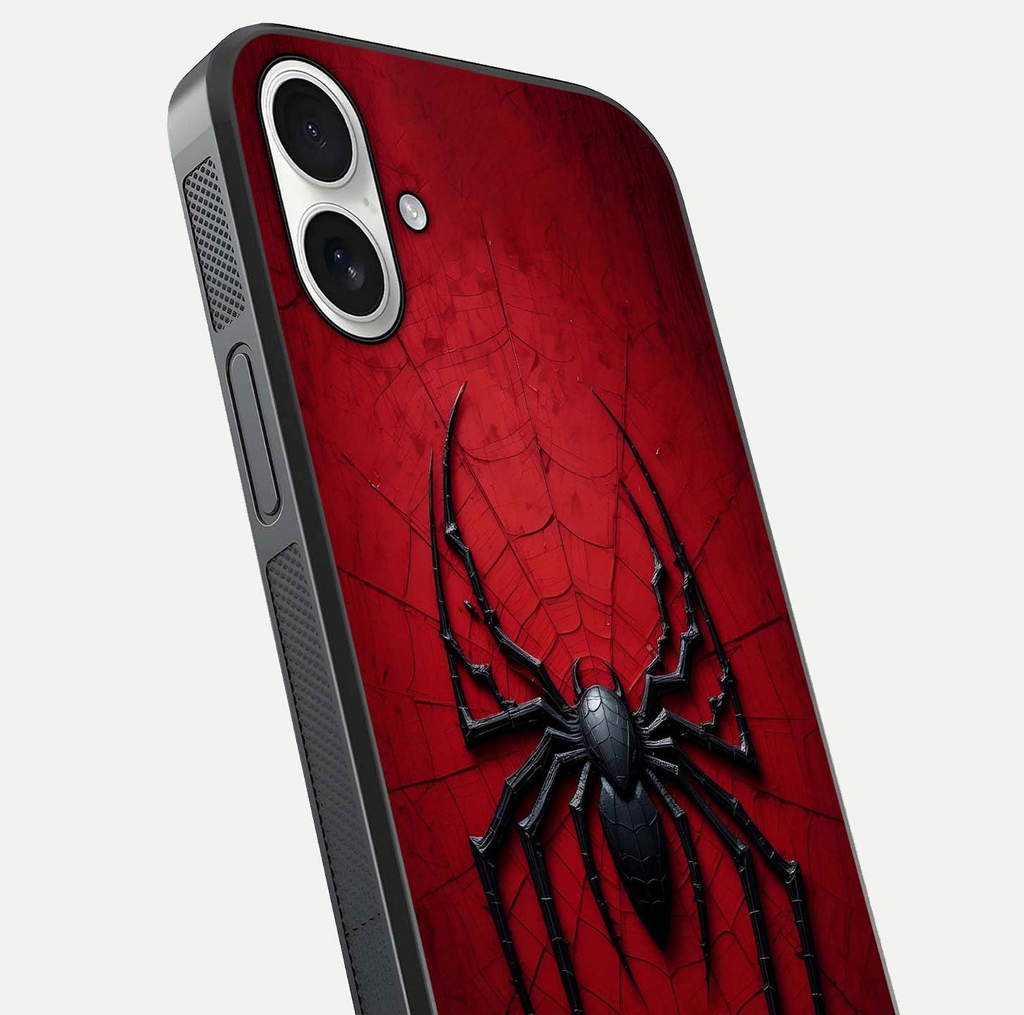 Venom Web Emblem Glass Case for iPhone 17 close-up angled shot highlighting sharp logo lines and reflection
