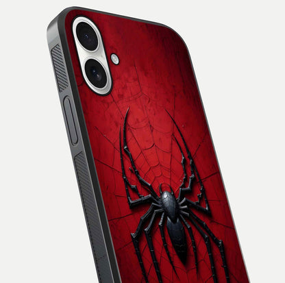 Venom Web Emblem Glass Case for iPhone 17 close-up angled shot highlighting sharp logo lines and reflection