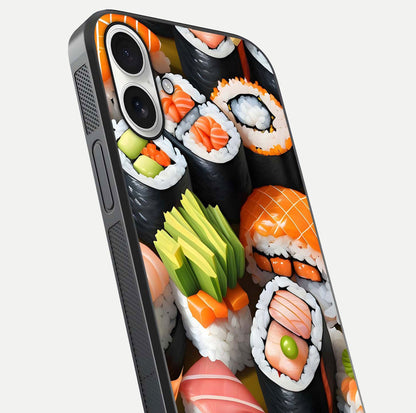Sushi Food Pattern Glass Case for iPhone 17 close-up angled shot highlighting colorful sushi prints and reflection