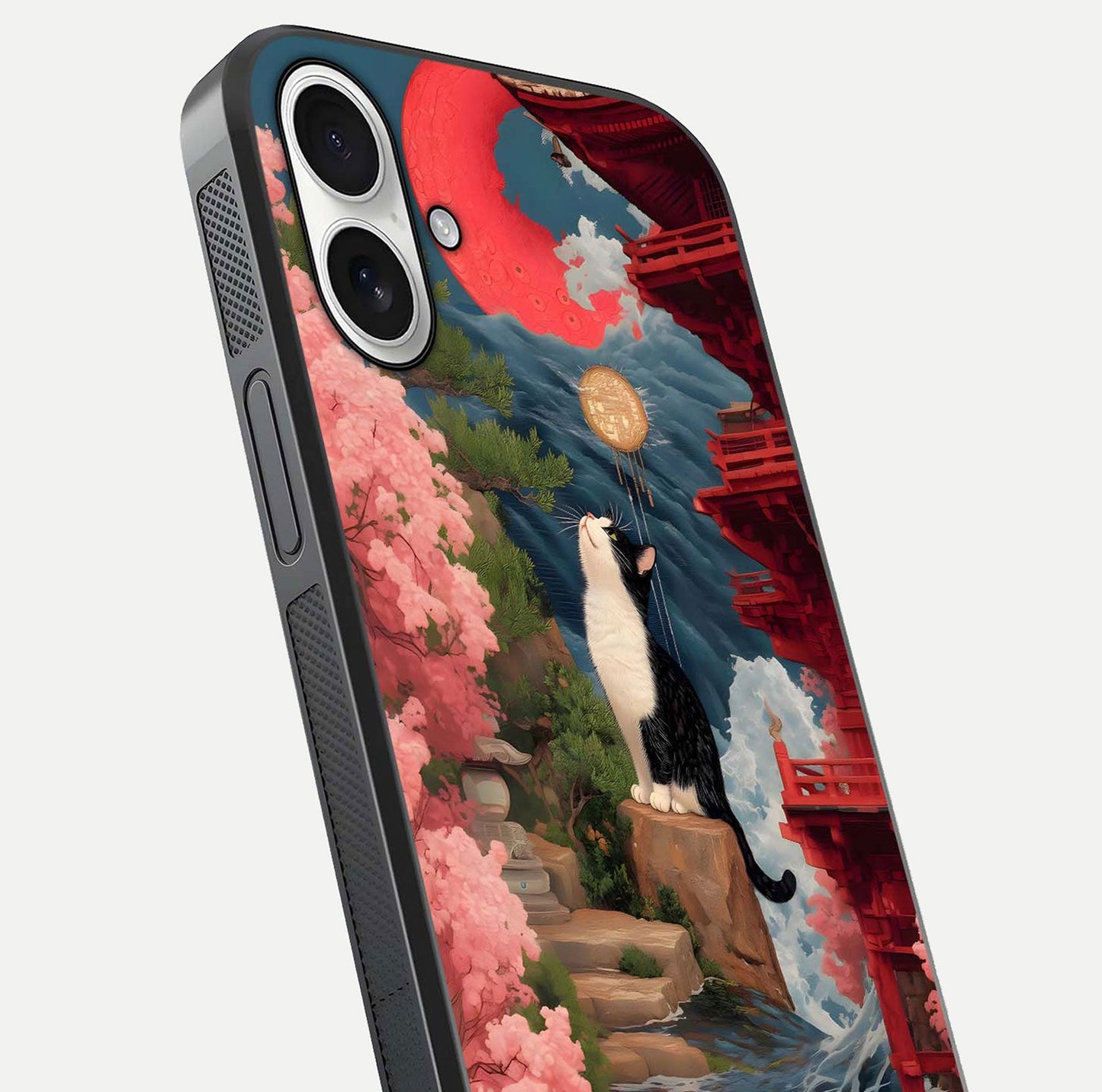 Temple Cat Scenery Glass Case for iPhone 17 close-up angled shot highlighting texture and reflection