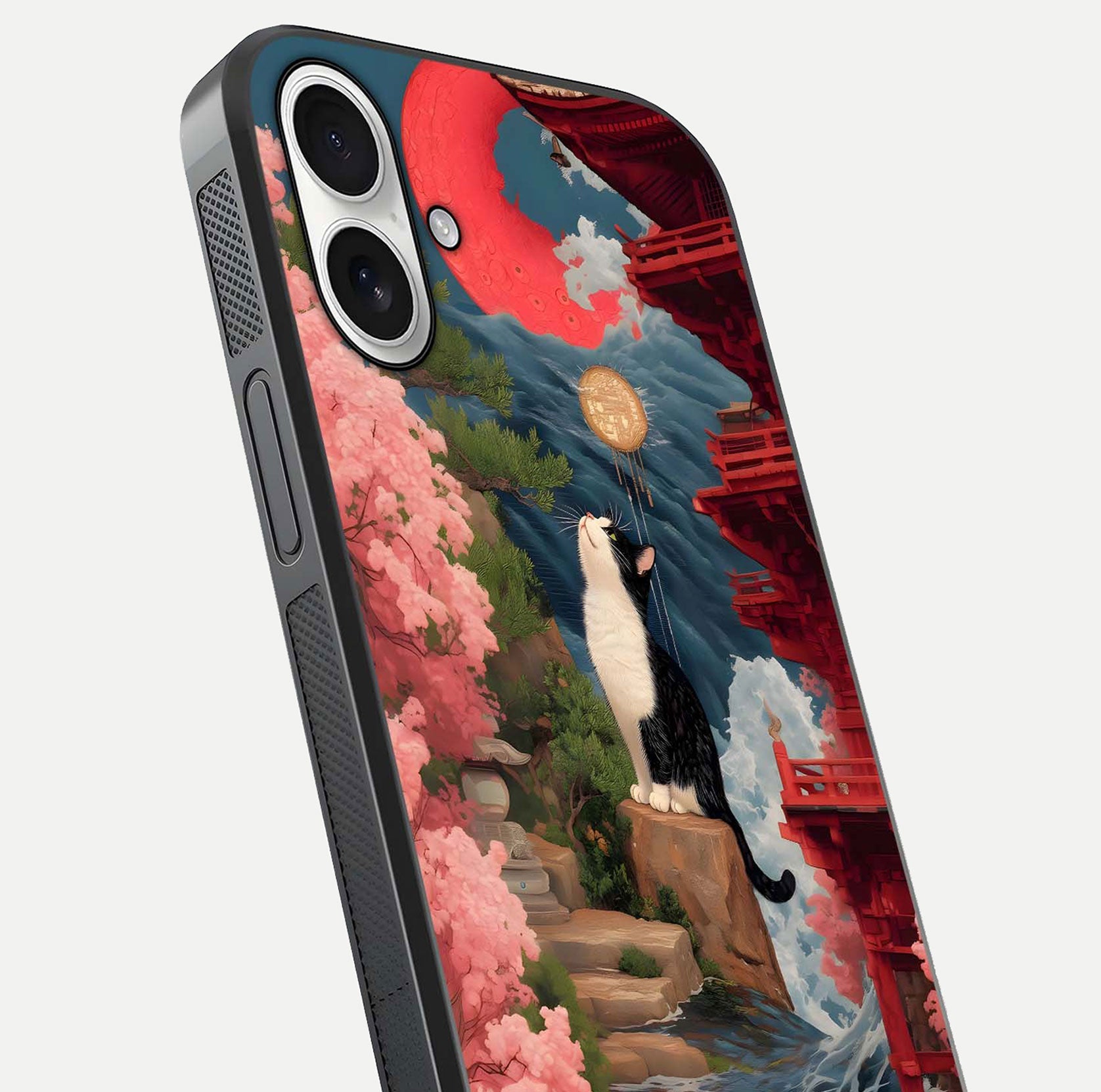 Temple Cat Scenery Glass Case for iPhone 17 close-up angled shot highlighting texture and reflection