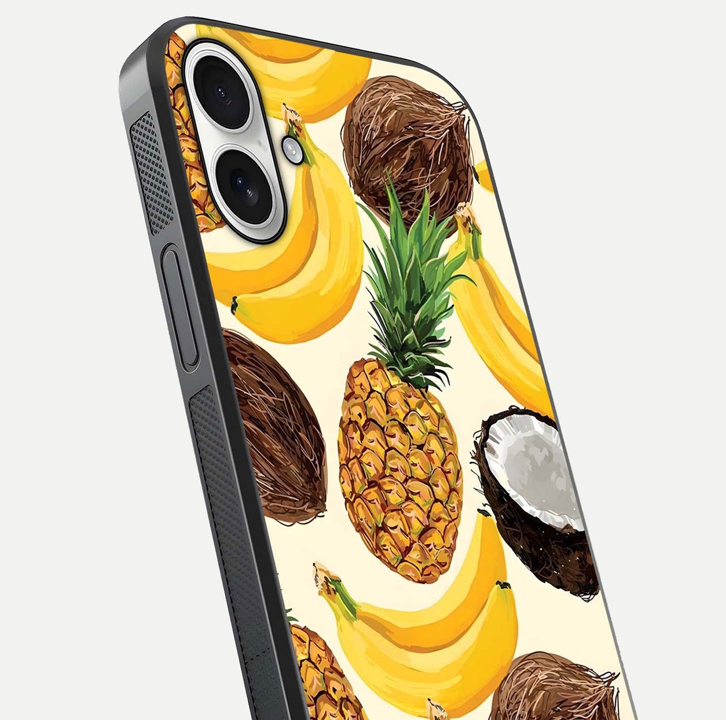 Tropical Fruit Mood Glass Case for iPhone 17 close-up angled shot highlighting fruit texture and reflection