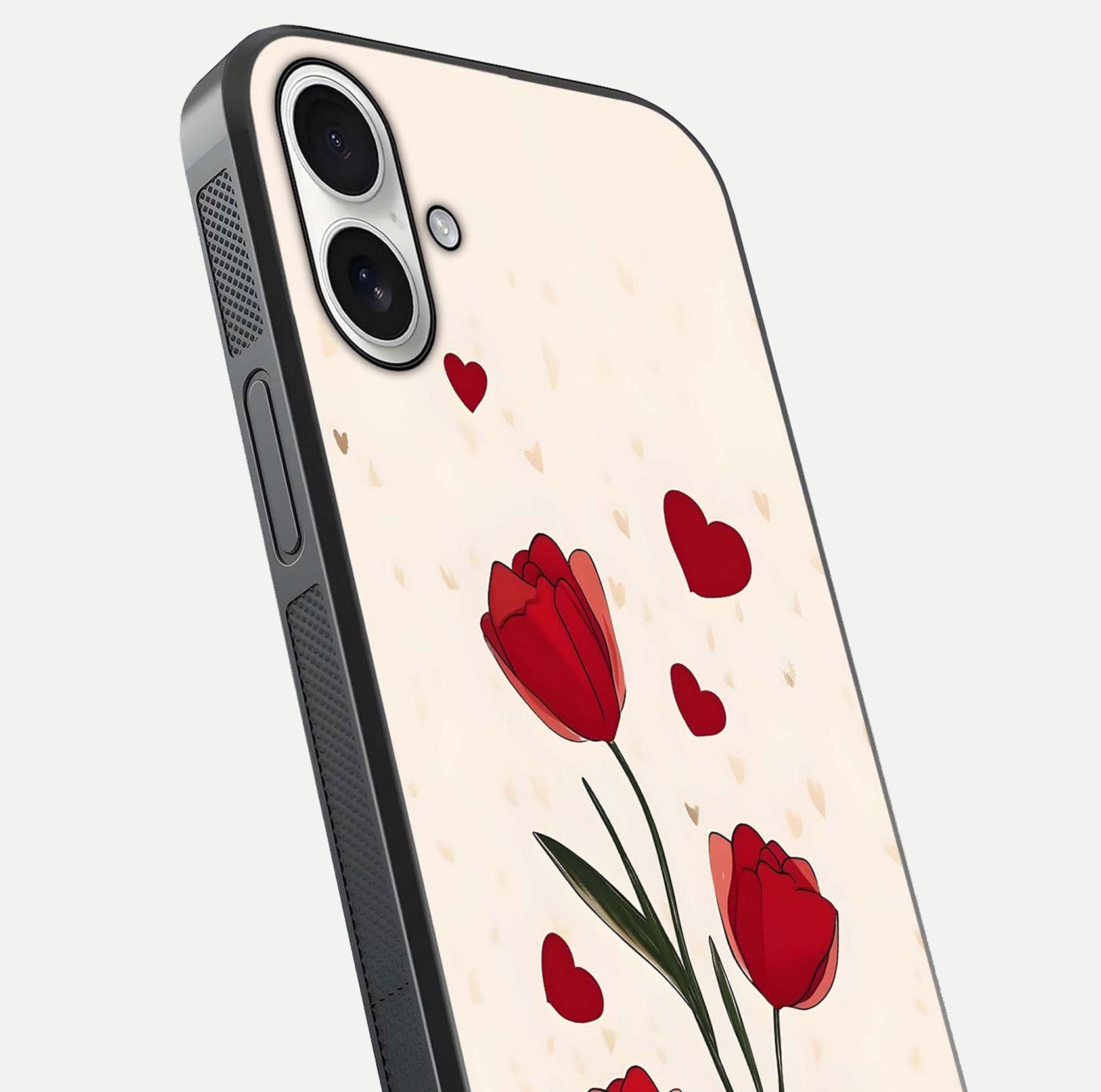 Tulip With Heart Glass Case for iPhone 17 close-up angled shot highlighting petal details and reflection