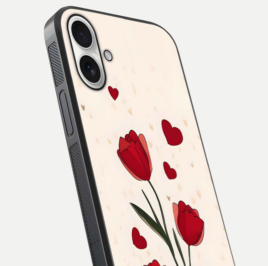 Tulip With Heart Glass Case for iPhone 17 close-up angled shot highlighting petal details and reflection