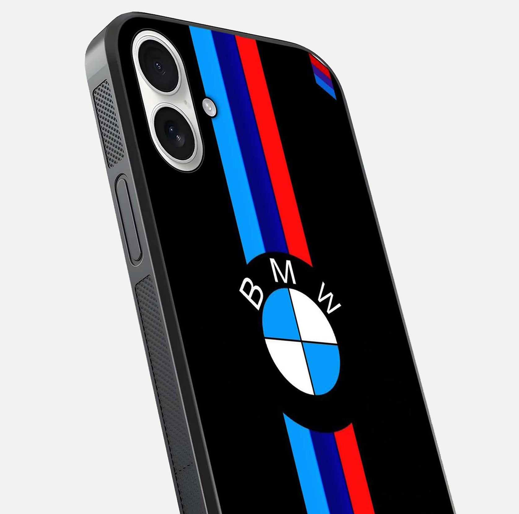 Turbo BMW Beast Glass Case for iPhone 17 close-up angled shot highlighting car detailing and reflection