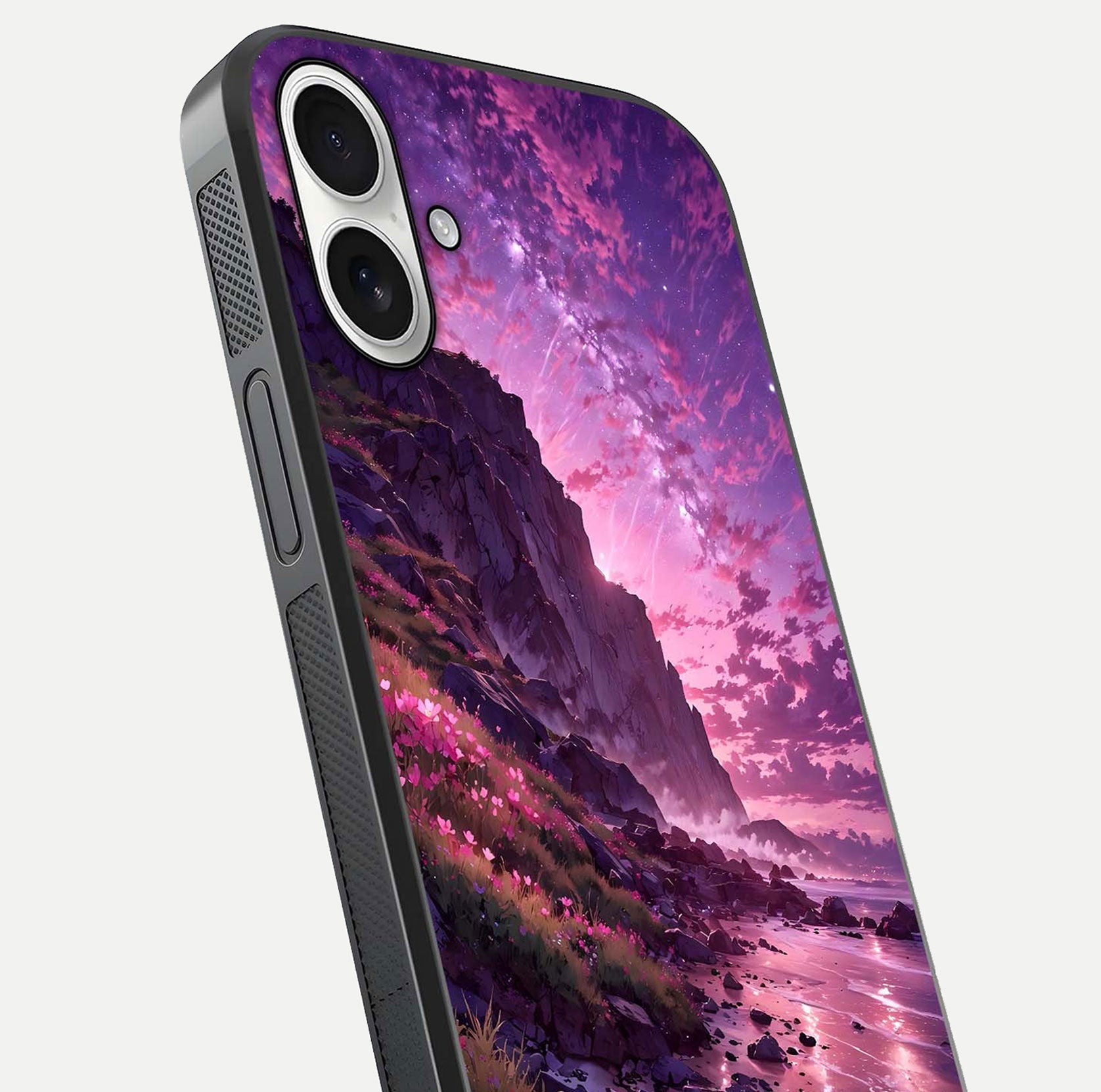 Twilight Blossom Coast Glass Case for iPhone 17 close-up angled shot highlighting gradient sky and reflection