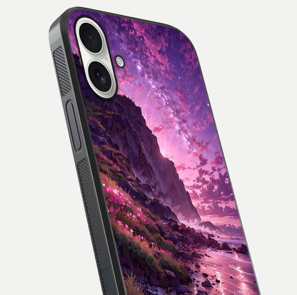 Twilight Blossom Coast Glass Case for iPhone 17 close-up angled shot highlighting gradient sky and reflection