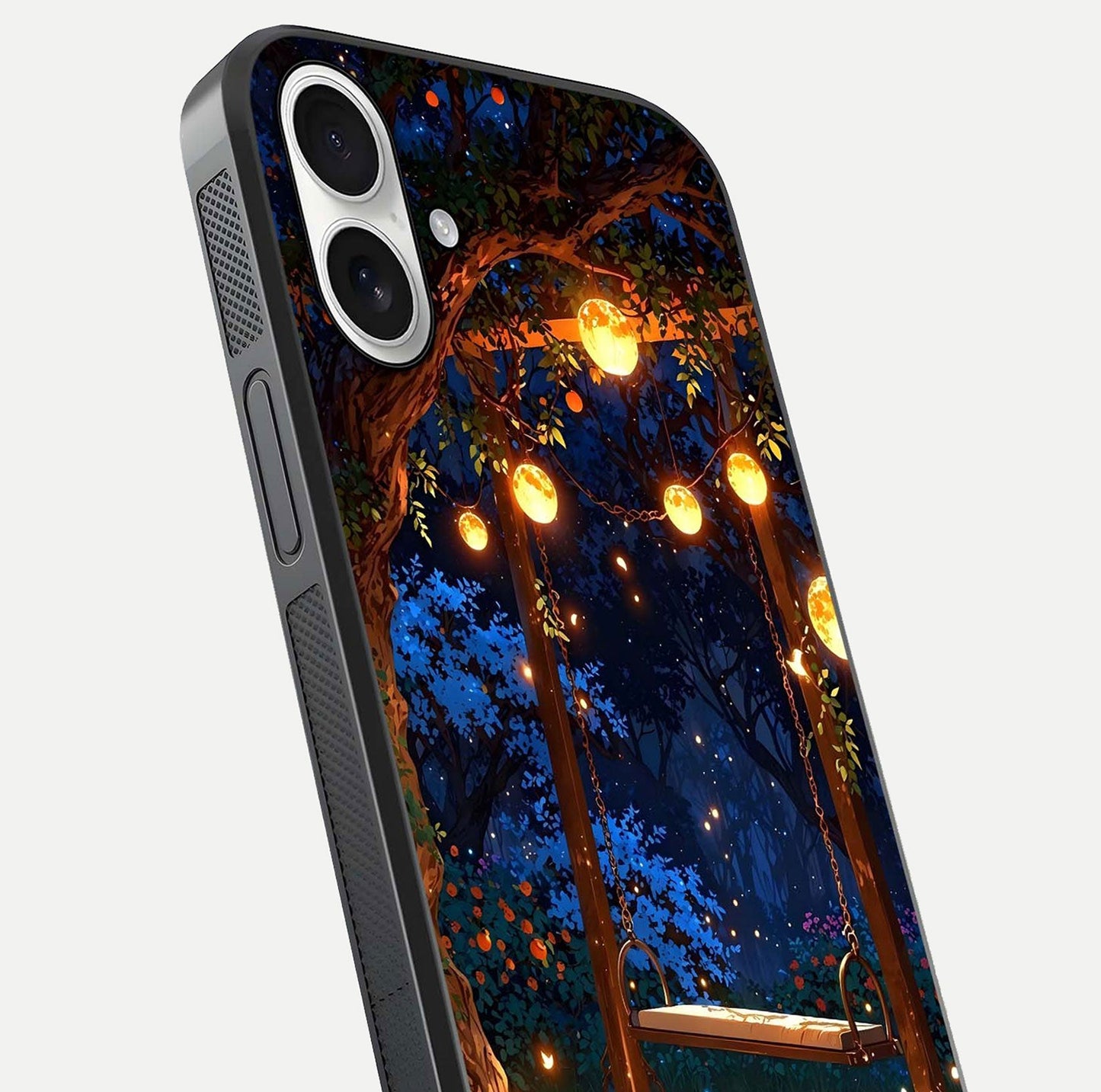 Twilight Garden Swing Glass Case for iPhone 17 close-up angled shot highlighting floral tones and reflection