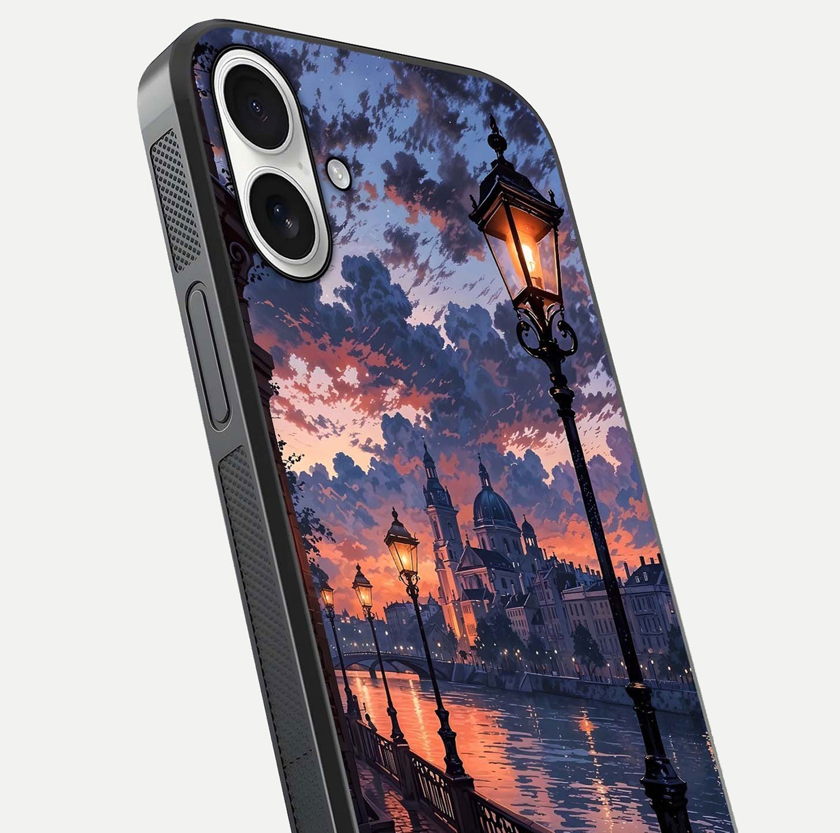 Twilight River Lights Glass Case for iPhone 17 close-up angled shot highlighting river reflections and color tones